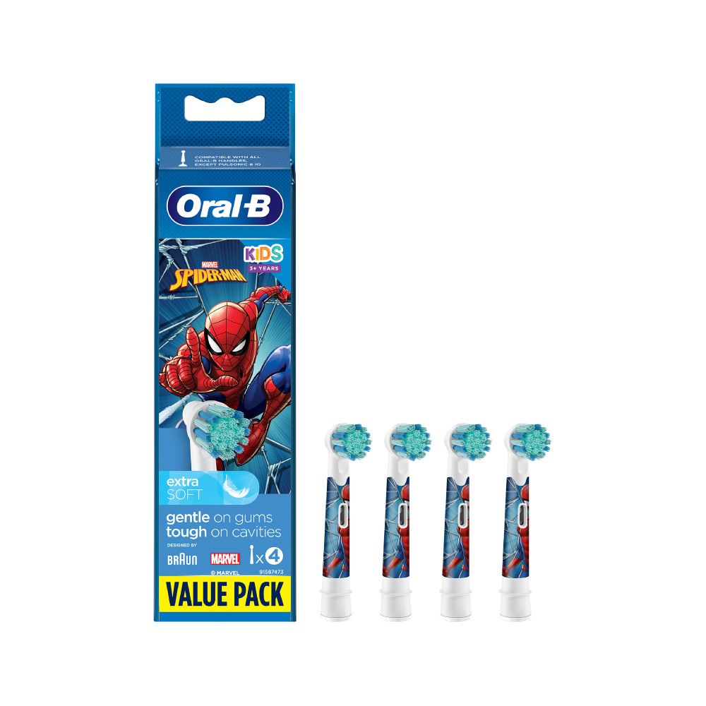  أورال-بي رؤوس فرشاة Spiderman للاطفال، متوافق مع فرشاة أسنان Vitality Pro Spiderman، عبوة 4 قطع، أبيض 
