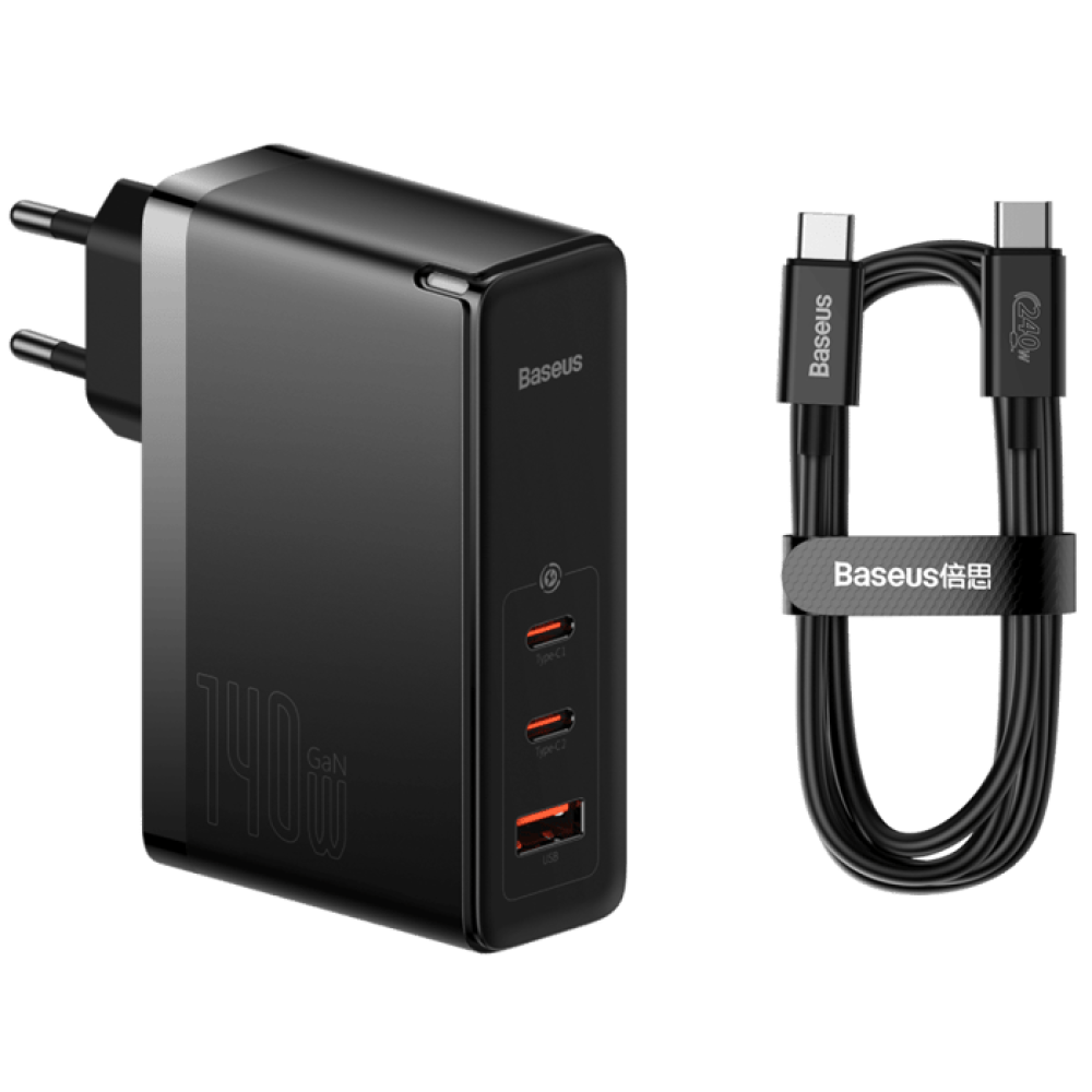 شاحن حائط Baseus GaN5 Pro USB 140W يتضمن كابل USB-C بطول 1 متر - لون أسود ضمان لمدة عامين من المستورد الرسمي