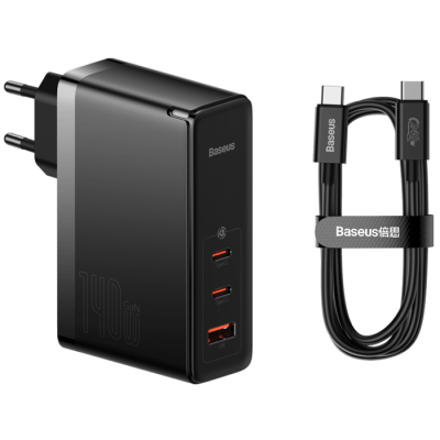 Baseus GaN5 Pro USB 140W wall charger includes USB-C cable 1 meter long - black color two-year warranty by the official importer