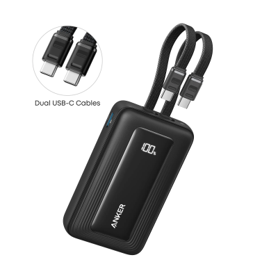 أنكر بنك طاقة Zolo بقدرة 35 واط مع كابلين USB-C مدمجين سعة 10000 مللي أمبير لون أسود