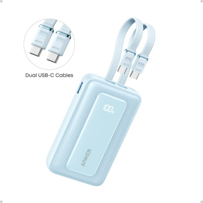 أنكر بنك طاقة Zolo بقدرة 35 واط مع كابلين USB-C مدمجين سعة 10000 مللي أمبير لون أزرق