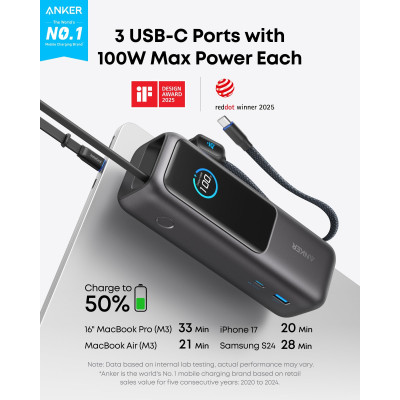أنكر بنك طاقة بقدرة 165 واط مع كابل USB-C مدمج وقابل للسحب سعة 25000 مللي أمبير لون أسود