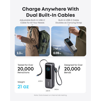 أنكر بنك طاقة بقدرة 165 واط مع كابل USB-C مدمج وقابل للسحب سعة 25000 مللي أمبير لون أسود