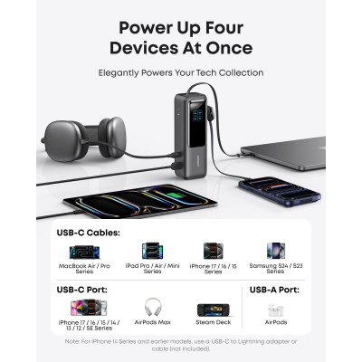 أنكر بنك طاقة بقدرة 165 واط مع كابل USB-C مدمج وقابل للسحب سعة 25000 مللي أمبير لون أسود