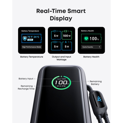 أنكر بنك طاقة بقدرة 165 واط مع كابل USB-C مدمج وقابل للسحب سعة 25000 مللي أمبير لون أسود