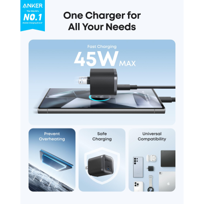 أنكر شاحن USB-C Nano بقدرة 45 واط لون أسود