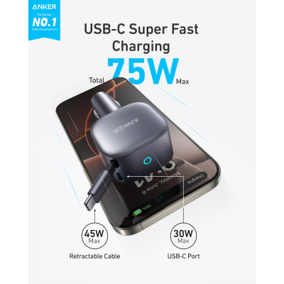 أنكر شاحن سيارة USB-C مع كابل مدمج قابل للسحب بقدرة 75 واط لون رمادي