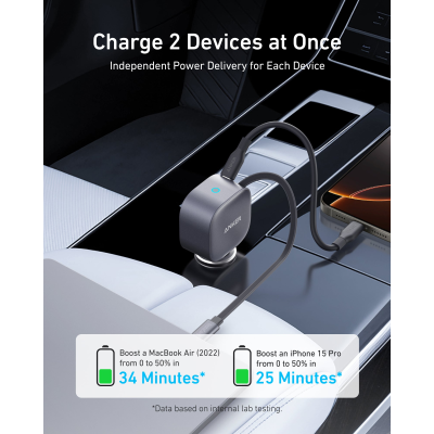 أنكر شاحن سيارة USB-C مع كابل مدمج قابل للسحب بقدرة 75 واط لون رمادي