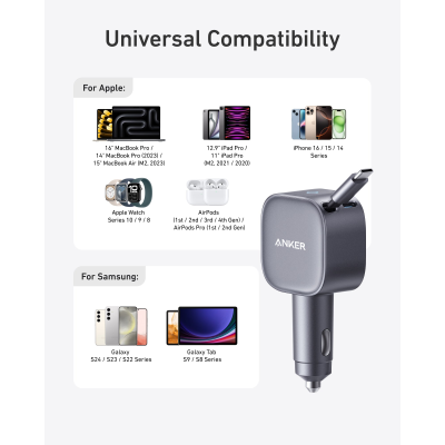 أنكر شاحن سيارة USB-C مع كابل مدمج قابل للسحب بقدرة 75 واط لون رمادي