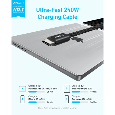 أنكر كابل USB-C إلى USB-C بقدرة 240 واط لون أسود