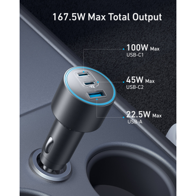  أنكر شاحن سيارة USB-C ثلاثي المنافذ مع مجموعة كابلات بقدرة 167.5 واط لون رمادي 