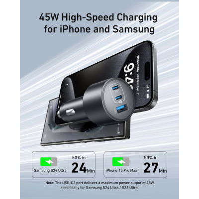  أنكر شاحن سيارة USB-C ثلاثي المنافذ مع مجموعة كابلات بقدرة 167.5 واط لون رمادي 