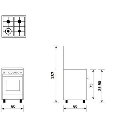  Glem Gas Oven Free Standing 4 Burners, Size 60*60 Cm, Capacity 65 Ltr, Stainless Steel. 